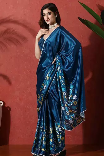 Blue ready to wear satin floral digital printed saree