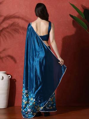 Blue ready to wear satin floral digital printed saree 3