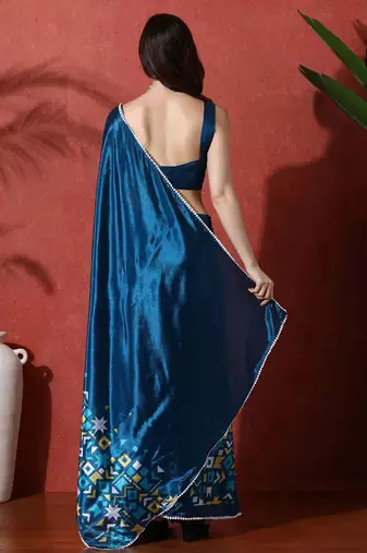 Blue ready to wear satin floral digital printed saree
