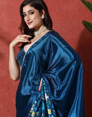 Blue ready to wear satin floral digital printed saree 4