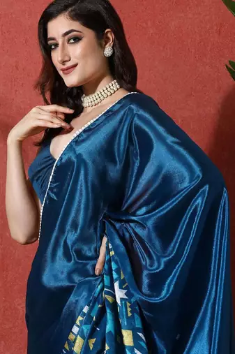 Blue ready to wear satin floral digital printed saree