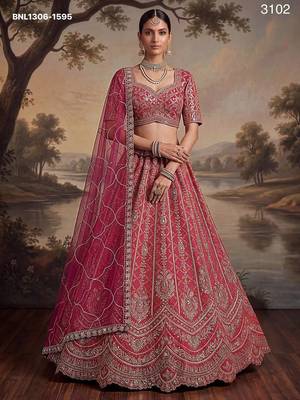 Dark Pink Embroidered Silk Blend Bridal Lehenga Choli Set 1