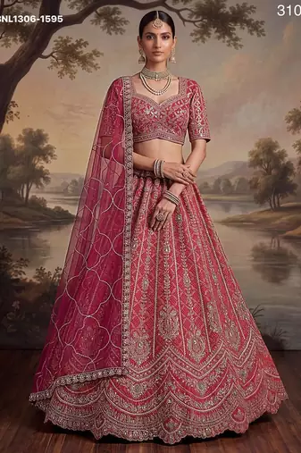 Dark Pink Embroidered Silk Blend Bridal Lehenga Choli Set
