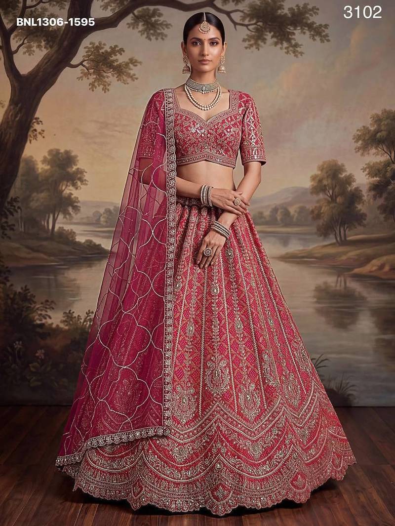 Dark Pink Embroidered Silk Blend Bridal Lehenga Choli Set