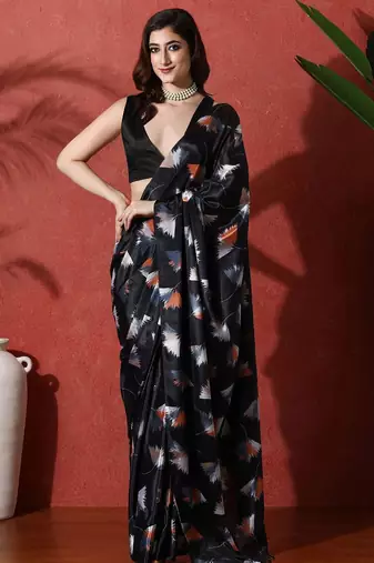 Black ready to wear satin floral digital printed saree