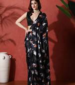 Black ready to wear satin floral digital printed saree