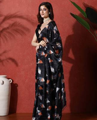 Black ready to wear satin floral digital printed saree 2