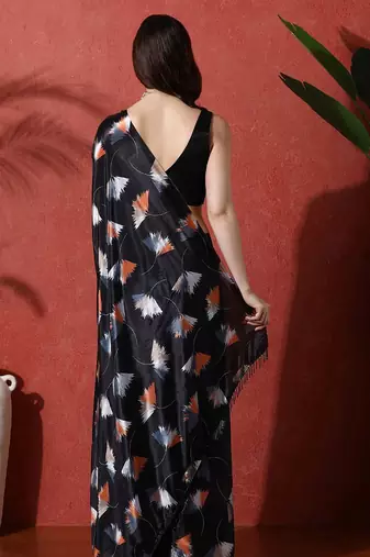 Black ready to wear satin floral digital printed saree