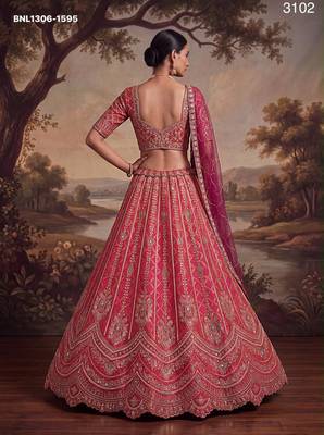 Dark Pink Embroidered Silk Blend Bridal Lehenga Choli Set 2