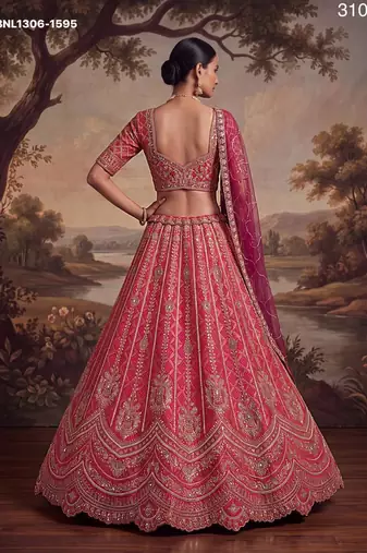 Dark Pink Embroidered Silk Blend Bridal Lehenga Choli Set