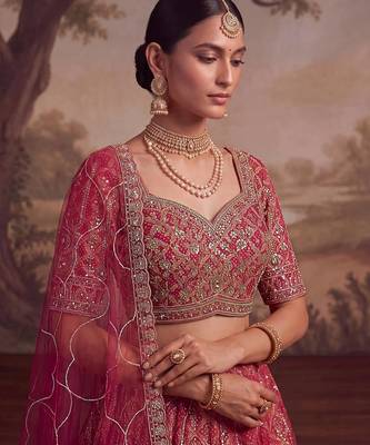 Dark Pink Embroidered Silk Blend Bridal Lehenga Choli Set 3