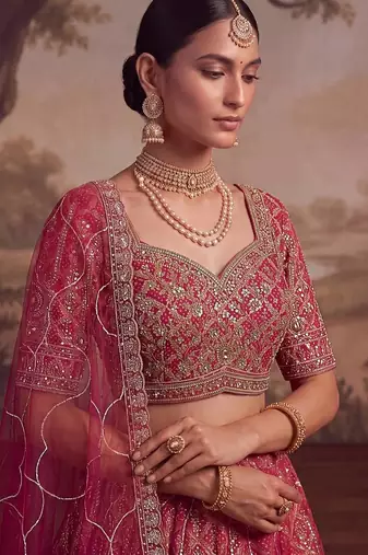 Dark Pink Embroidered Silk Blend Bridal Lehenga Choli Set