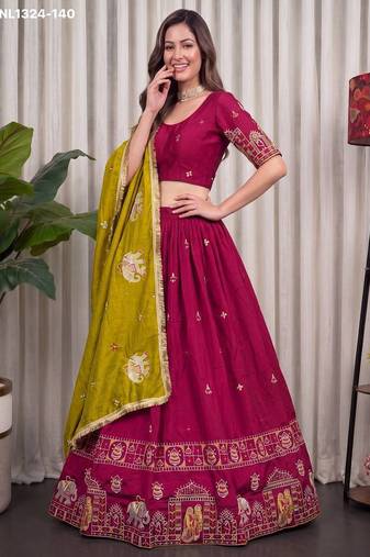 Dark Pink Mirror Work Navratri Lehenga Choli Set