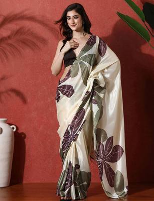 Off white ready to wear satin floral digital printed saree 1