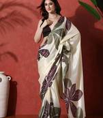 Off white ready to wear satin floral digital printed saree