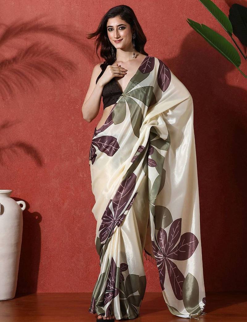 Off white ready to wear satin floral digital printed saree