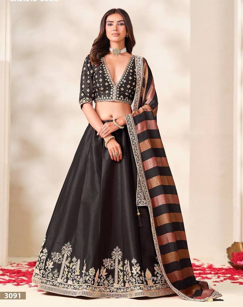 Black Embroidered Silk Blend Wedding Lehenga Choli Set