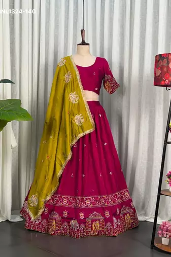Dark Pink Mirror Work Navratri Lehenga Choli Set