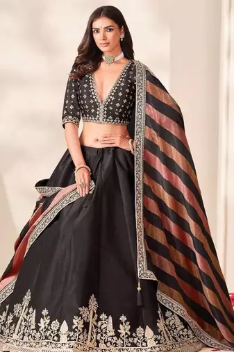 Black Embroidered Silk Blend Wedding Lehenga Choli Set