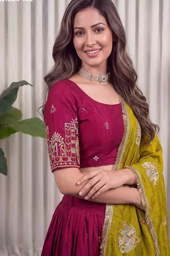 Dark Pink Mirror Work Navratri Lehenga Choli Set