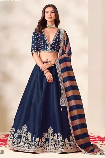 Navy Blue Embroidered Silk Blend Wedding Lehenga Choli Set
