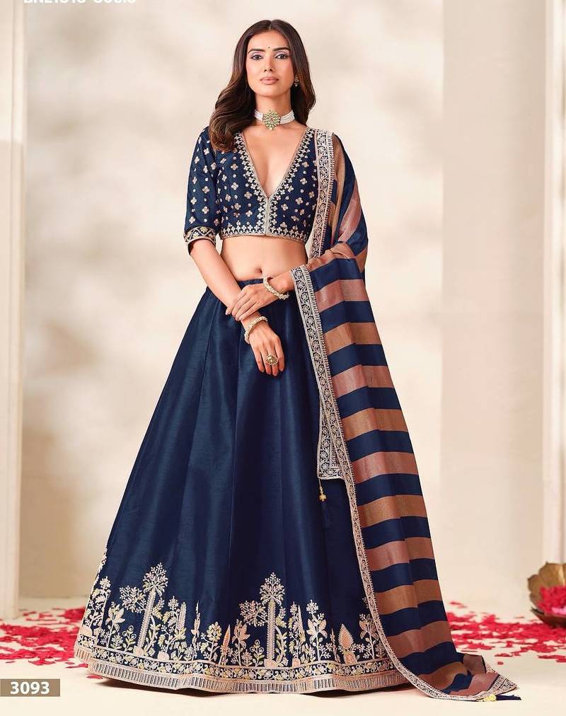 Navy Blue Embroidered Silk Blend Wedding Lehenga Choli Set