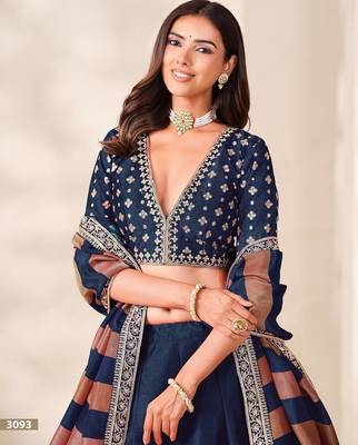 Navy Blue Embroidered Silk Blend Wedding Lehenga Choli Set 2