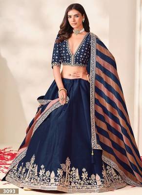 Navy Blue Embroidered Silk Blend Wedding Lehenga Choli Set 3