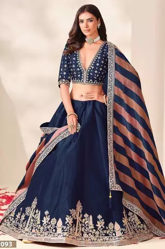Navy Blue Embroidered Silk Blend Wedding Lehenga Choli Set