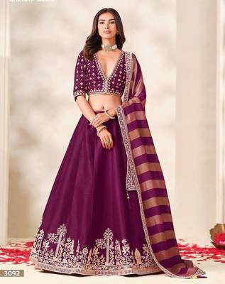 Purple Embroidered Silk Blend Wedding Lehenga Choli Set 1