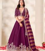 Purple Embroidered Silk Blend Wedding Lehenga Choli Set
