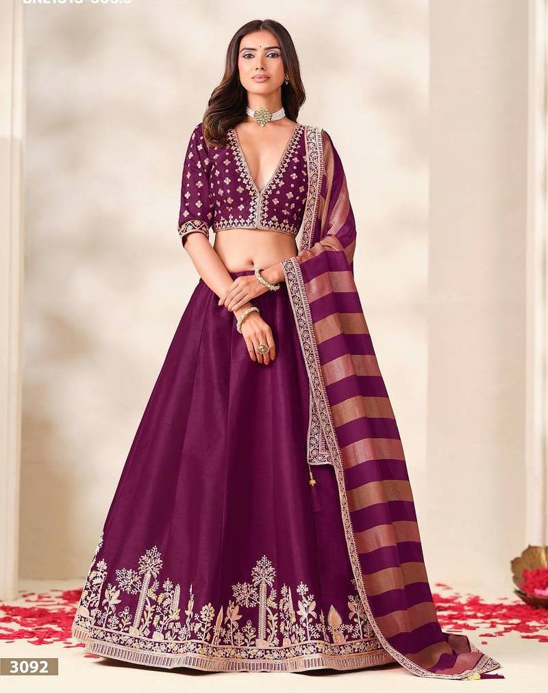 Purple Embroidered Silk Blend Wedding Lehenga Choli Set