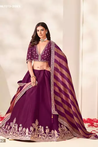 Purple Embroidered Silk Blend Wedding Lehenga Choli Set