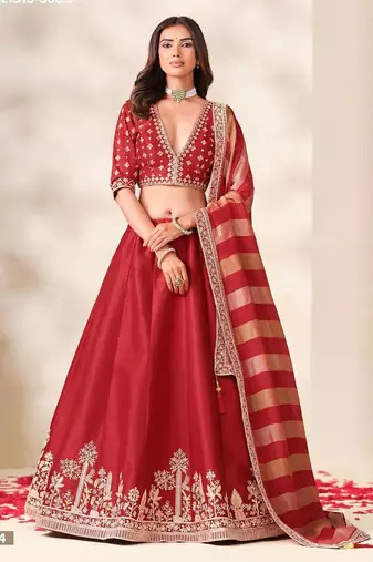 Red Embroidered Silk Blend Bridal Lehenga Choli Set