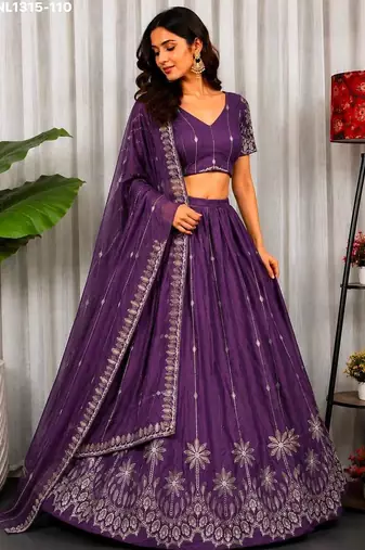 Purple Resham Embroidered Silk Blend Party Wear Lehenga Choli