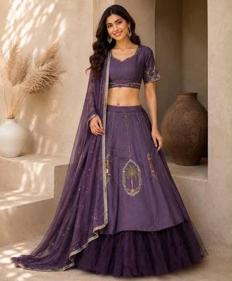 Purple Hand Embroidered Designer Silk Blend Lehenga Choli Set 1