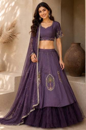 Purple Hand Embroidered Designer Silk Blend Lehenga Choli Set