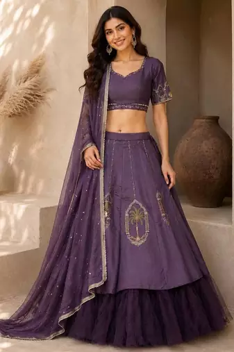 Purple Hand Embroidered Designer Silk Blend Lehenga Choli Set