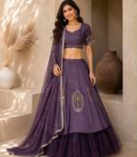 Purple Hand Embroidered Designer Silk Blend Lehenga Choli Set
