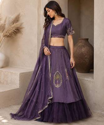 Purple Hand Embroidered Designer Silk Blend Lehenga Choli Set 2