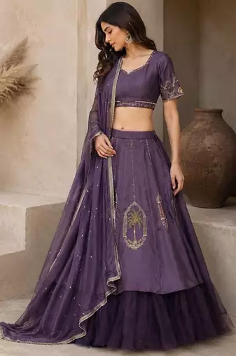 Purple Hand Embroidered Designer Silk Blend Lehenga Choli Set