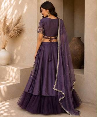 Purple Hand Embroidered Designer Silk Blend Lehenga Choli Set 3