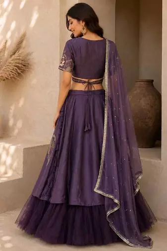 Purple Hand Embroidered Designer Silk Blend Lehenga Choli Set