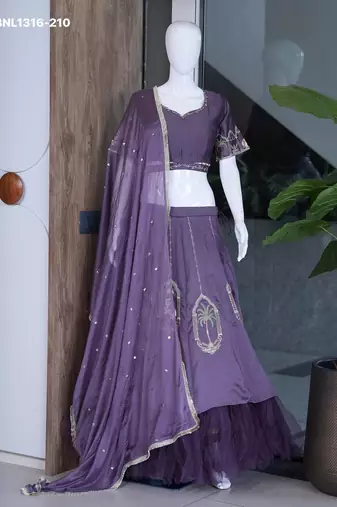 Purple Hand Embroidered Designer Silk Blend Lehenga Choli Set