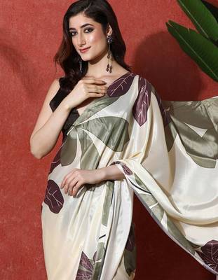 Off white ready to wear satin floral digital printed saree 3