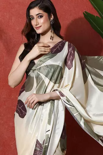 Off white ready to wear satin floral digital printed saree