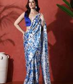 White ready to wear satin floral digital printed saree