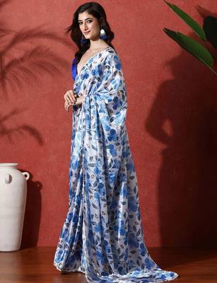 White ready to wear satin floral digital printed saree 2