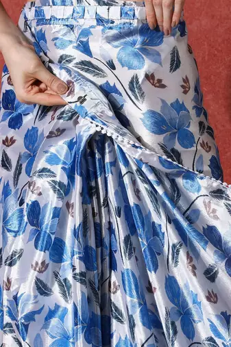 White ready to wear satin floral digital printed saree