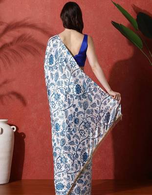 White ready to wear satin floral digital printed saree 3